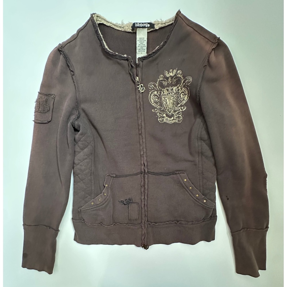 Billabong Y2K Distressed Full Zip Sweatshirt Brown Crest Graphic
L Fits Small